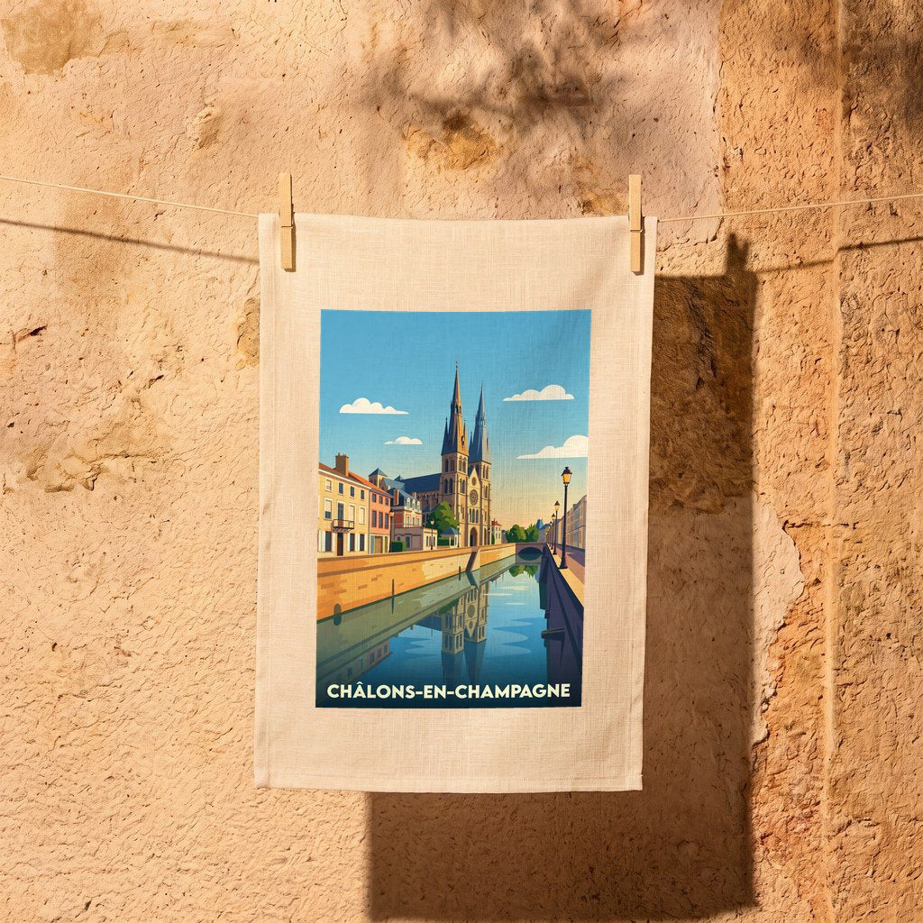 Torchon souvenir de la ville de Châlons-en-Champagne avec une illustration stylisée.