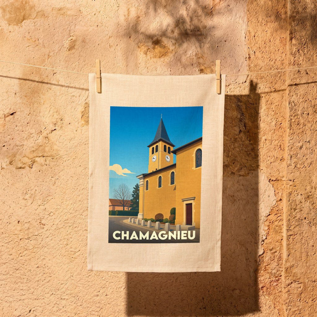 Torchon souvenir de la ville de Chamagnieu illustrant son église dans un style épuré.