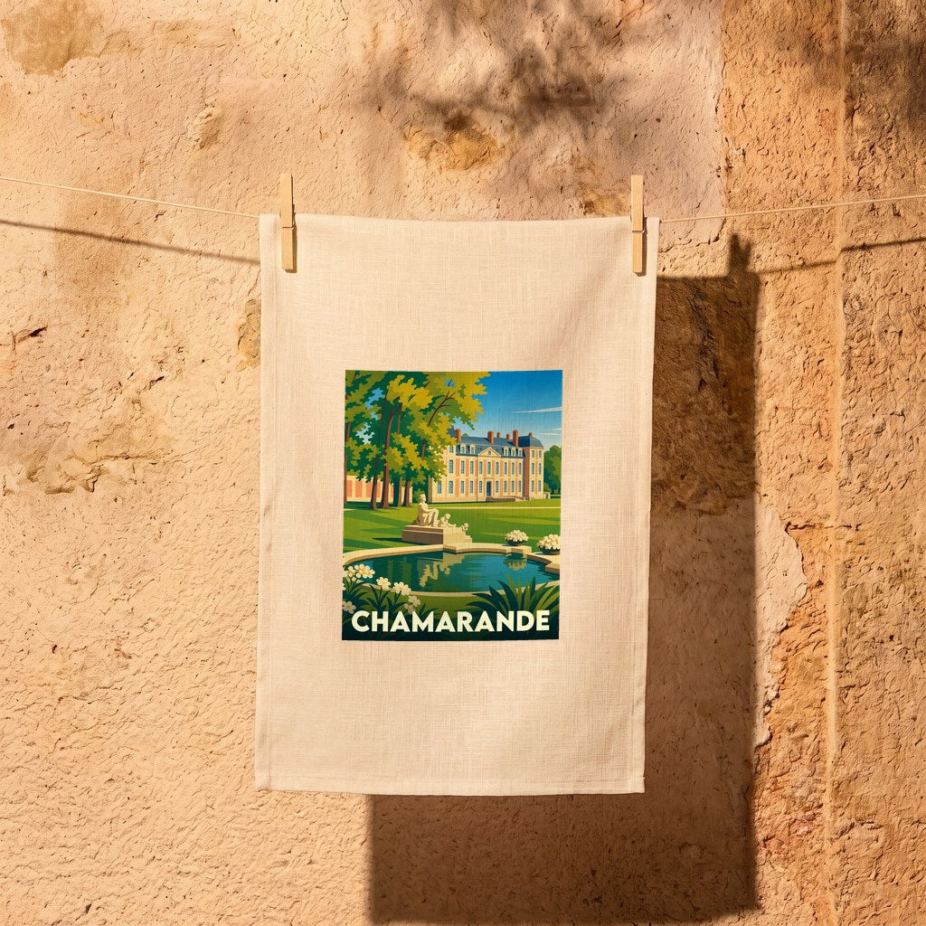 Torchon souvenir de la ville de Chamarande illustré d'un dessin stylisé de son château et de son parc.