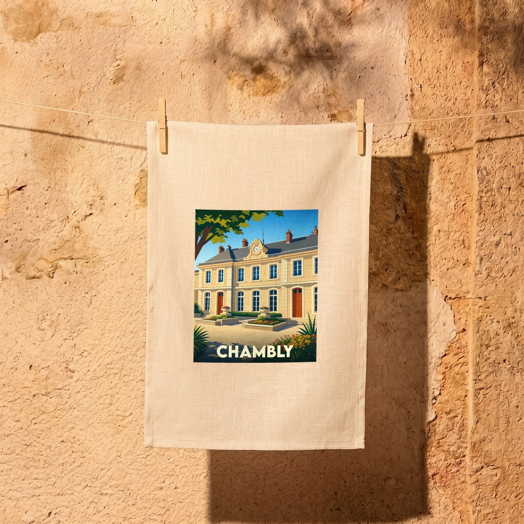 Torchon souvenir de la ville de Chambly avec une illustration stylisée d'un bâtiment historique.