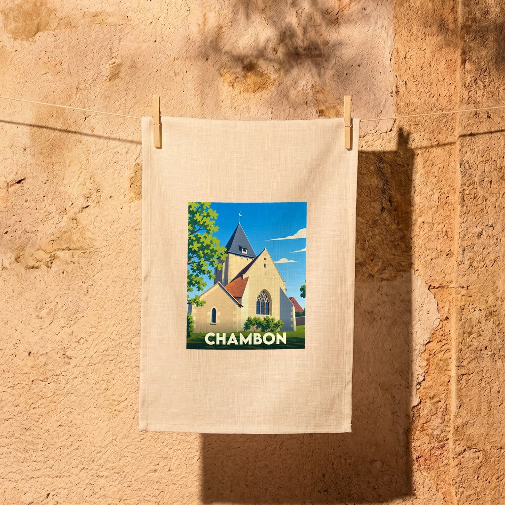 Torchon souvenir de la ville de Chambon avec une illustration stylisée de son église.