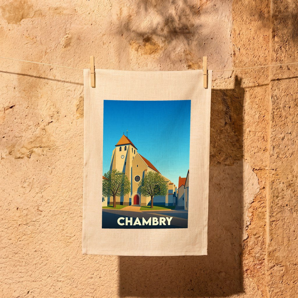 Torchon souvenir de la ville de Chambry avec une illustration stylisée de son église.