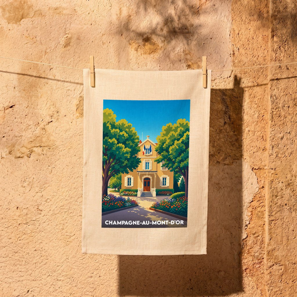 Torchon souvenir de la ville de Champagne-au-Mont-d'Or avec une illustration stylisée de sa mairie fleurie.