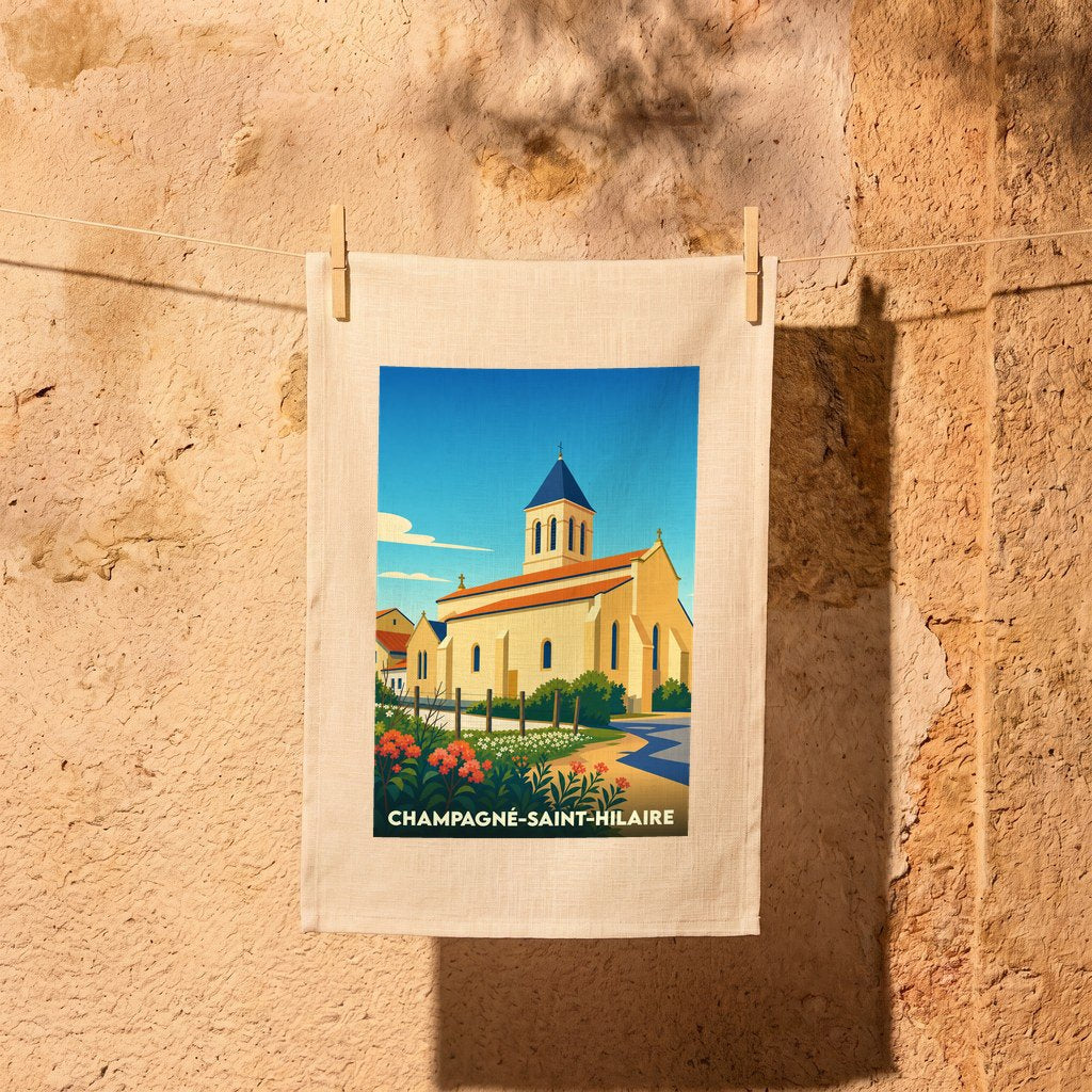 Torchon souvenir de Champagné-Saint-Hilaire avec une illustration stylisée de son église sous un ciel bleu.