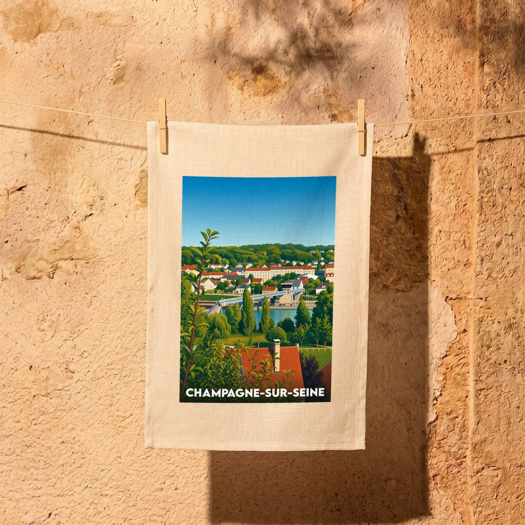 Torchon souvenir de la ville de Champagne-sur-Seine avec une illustration stylisée et colorée.