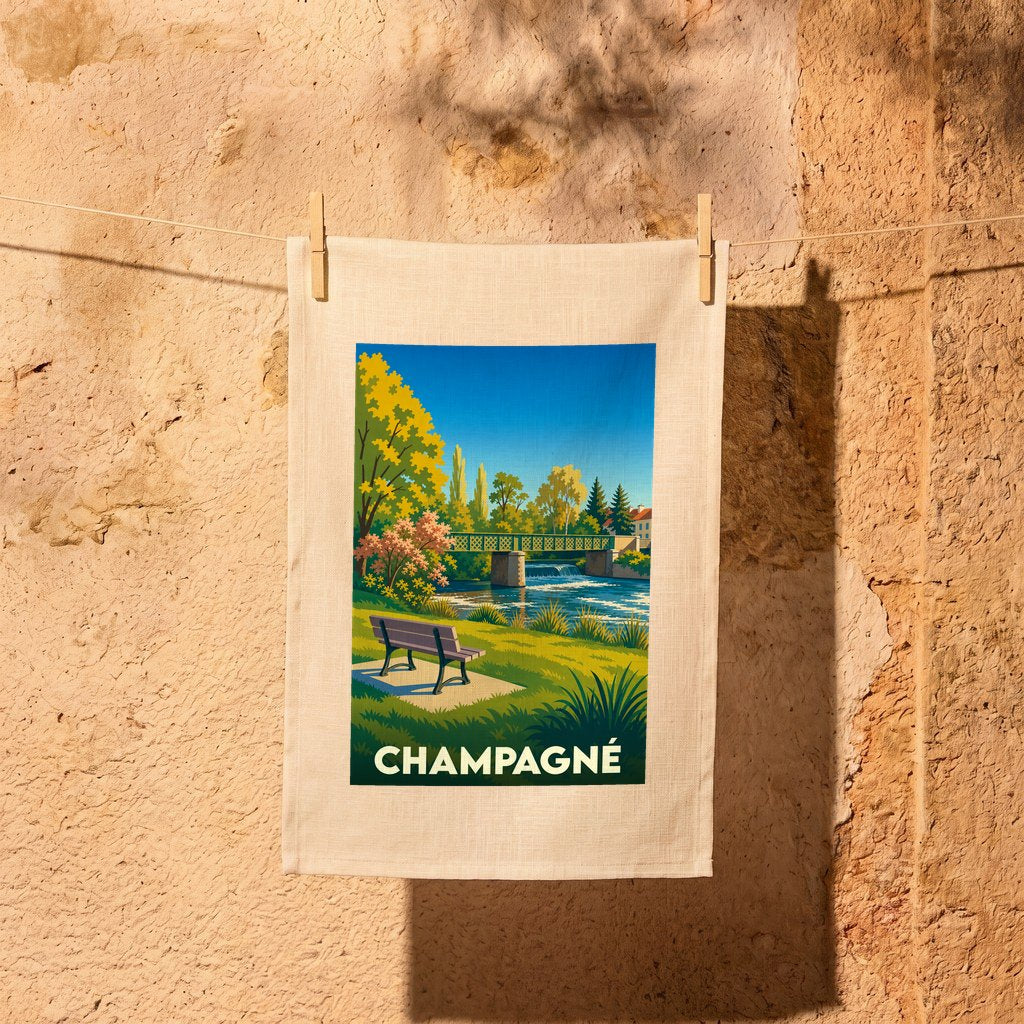 Torchon souvenir de la ville de Champagné avec une illustration stylisée d'un parc au bord de l'eau.