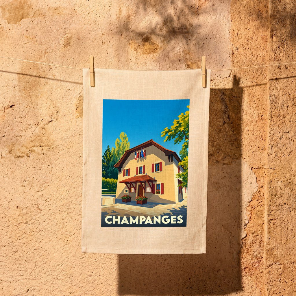 Torchon souvenir de la ville de Champanges avec une illustration stylisée.