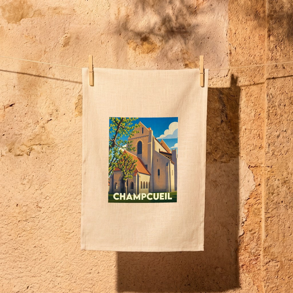 Torchon souvenir de la ville de Champcueil orné d'une illustration stylisée de son église.