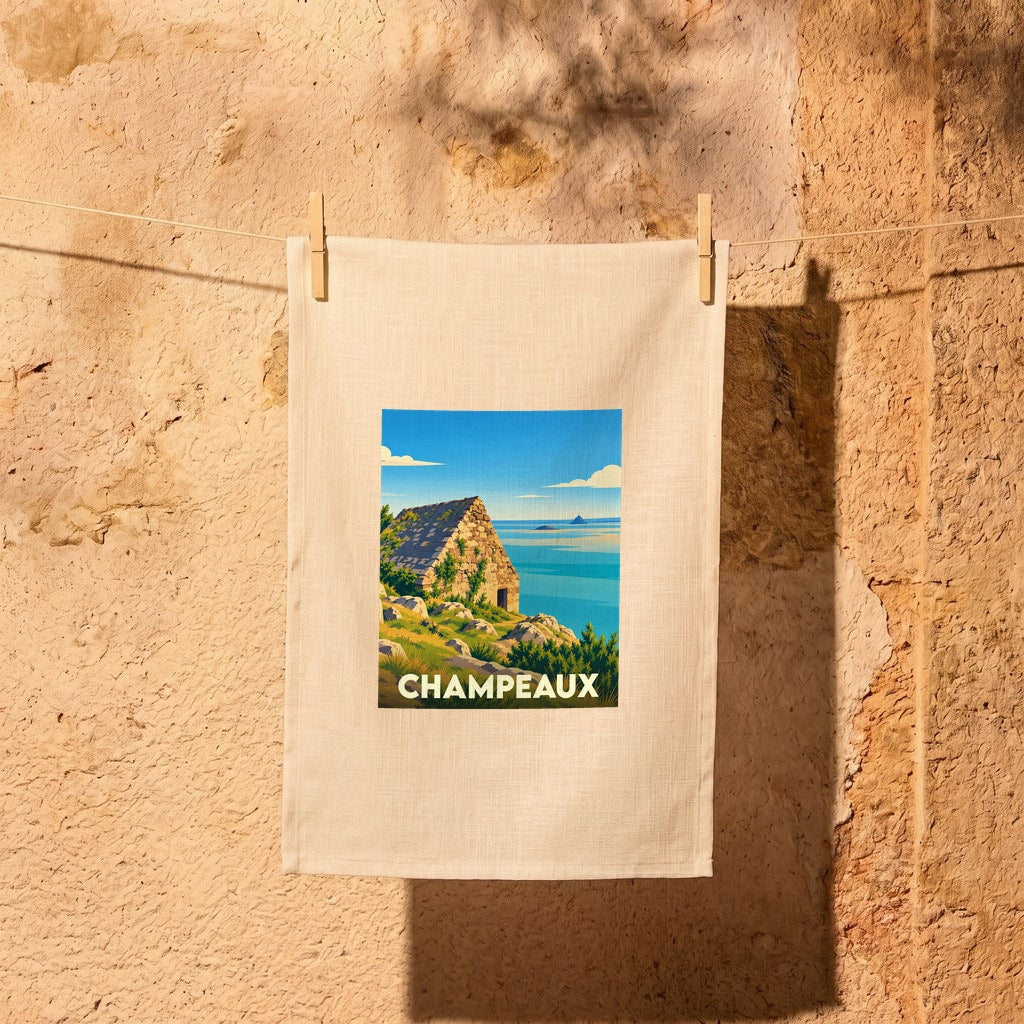 Torchon souvenir de la ville de Champeaux avec une illustration stylisée d'un littoral breton.