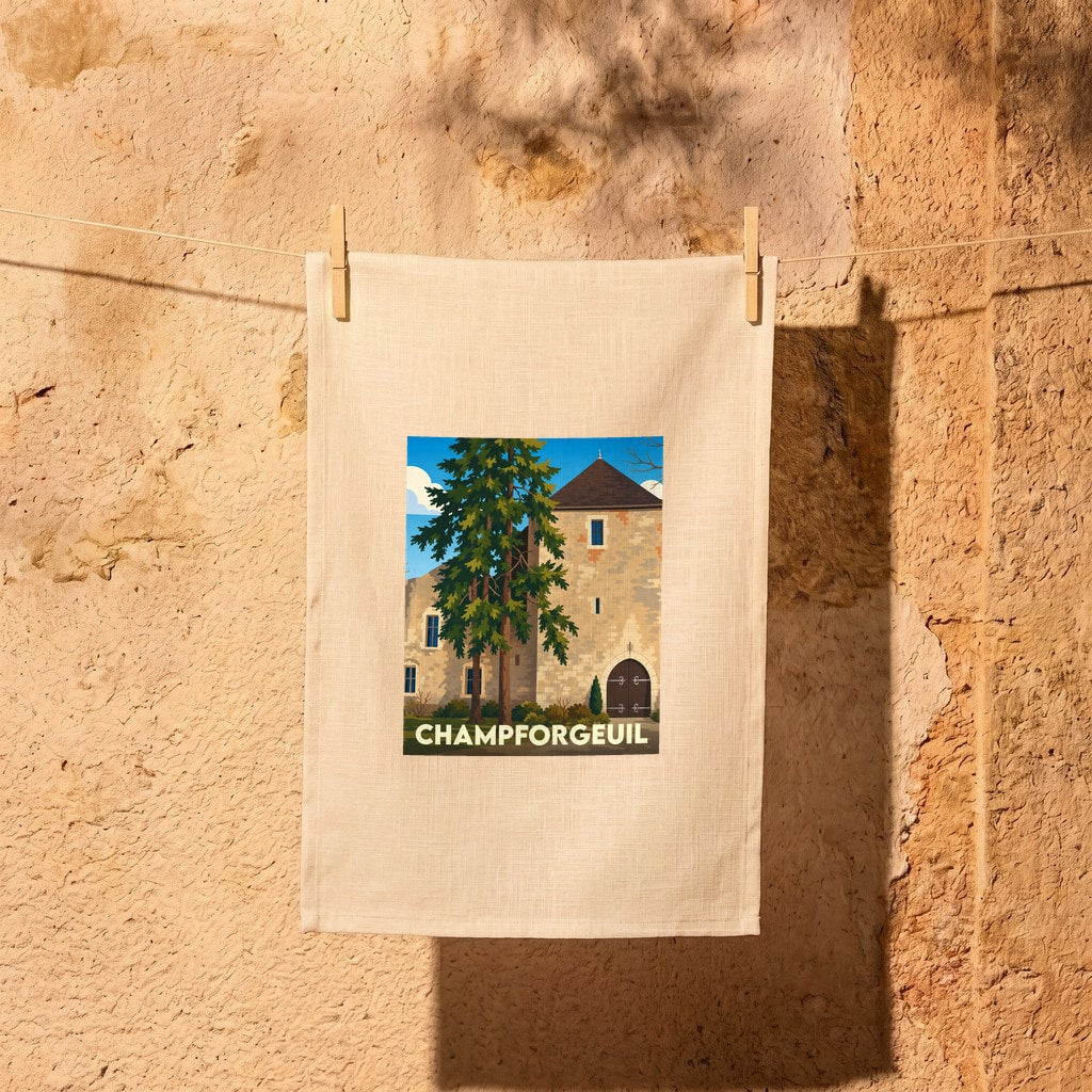 Torchon souvenir de la ville de Champforgeuil illustrant un château et des sapins dans un style vintage.