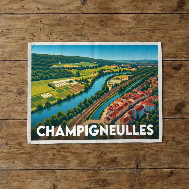Torchon souvenir de la ville de Champigneulles avec une illustration panoramique stylisée.