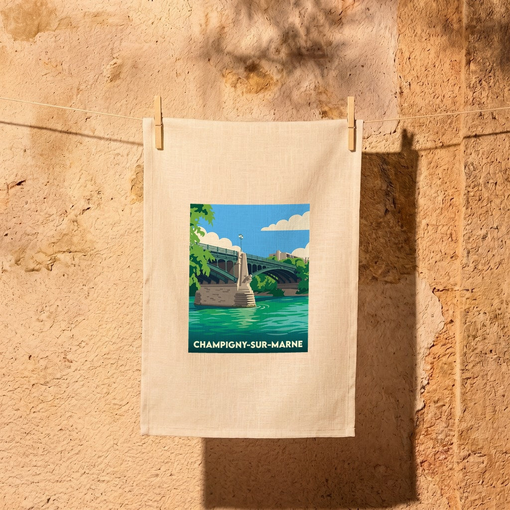 Torchon souvenir de la ville de Champigny-sur-Marne avec une illustration stylisée d'un pont sur la rivière.
