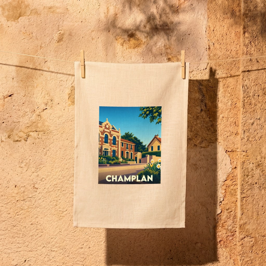Torchon souvenir de la ville de Champlan avec une illustration colorée et stylisée de ses bâtiments.