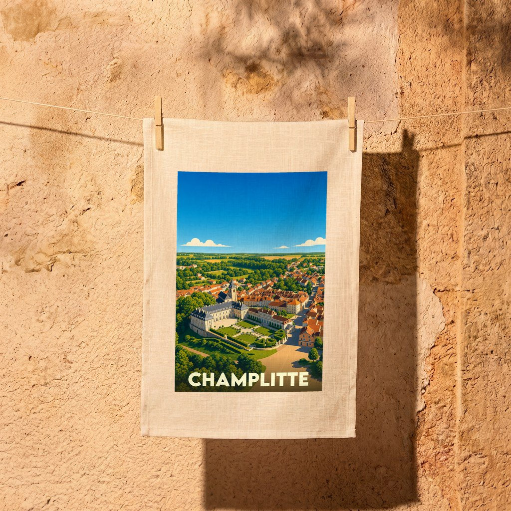 Torchon souvenir de la ville de Champlitte avec une illustration stylisée.