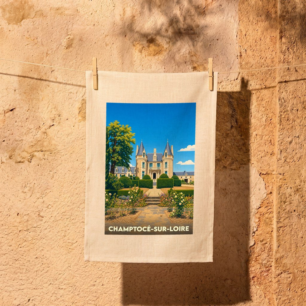 Torchon souvenir de la ville de Champtocé-sur-Loire avec une illustration stylisée de son château.