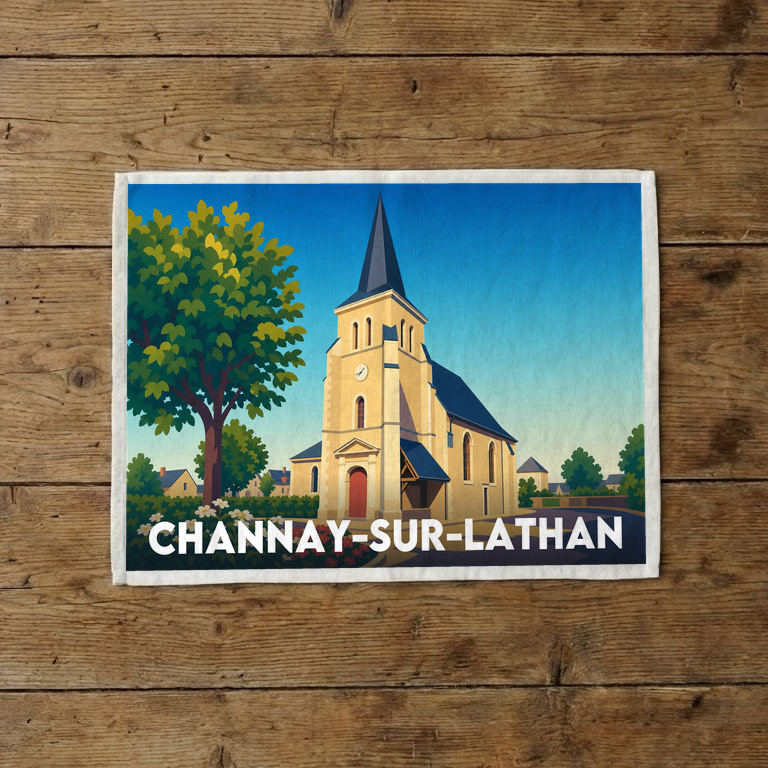 Torchon souvenir de la ville de Channay-sur-Lathan avec une illustration stylisée de son église.