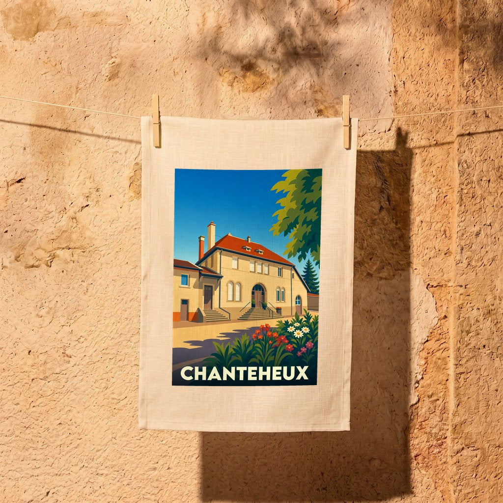 Torchon souvenir de la ville de Chanteheux orné d'une illustration stylisée d'une bâtisse traditionnelle.