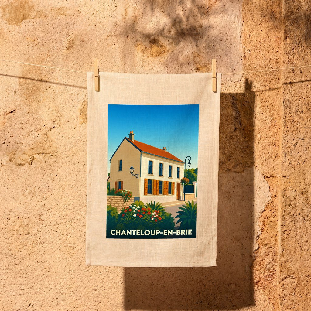 Torchon souvenir de la ville de Chanteloup-en-Brie illustré d'une maison traditionnelle sous un ciel bleu.
