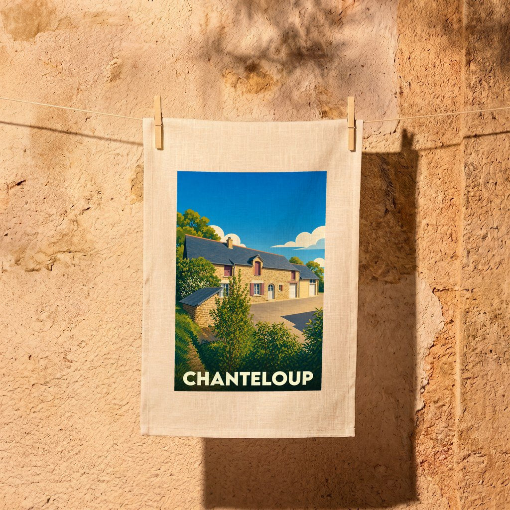 Torchon souvenir de la ville de Chanteloup avec une illustration stylisée d'une maison traditionnelle.