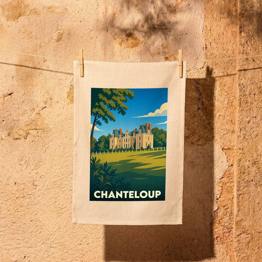 Torchon souvenir de la ville de Chanteloup avec une illustration stylisée de son château.