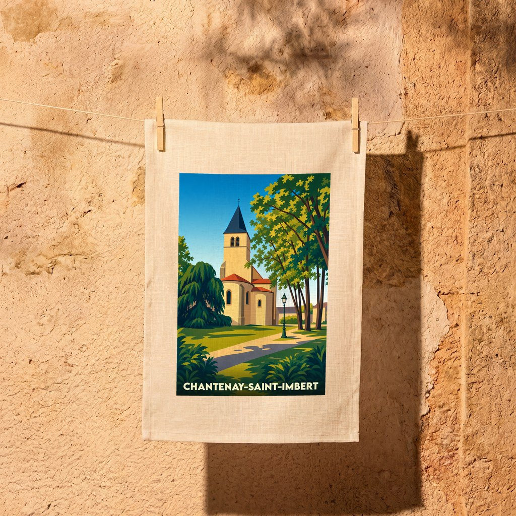 Torchon souvenir de la ville de Chantenay-Saint-Imbert illustré d'une église sous un ciel bleu.