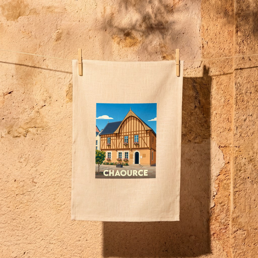 Torchon souvenir de la ville de Chaource orné d'une illustration stylisée d'une maison à colombages.