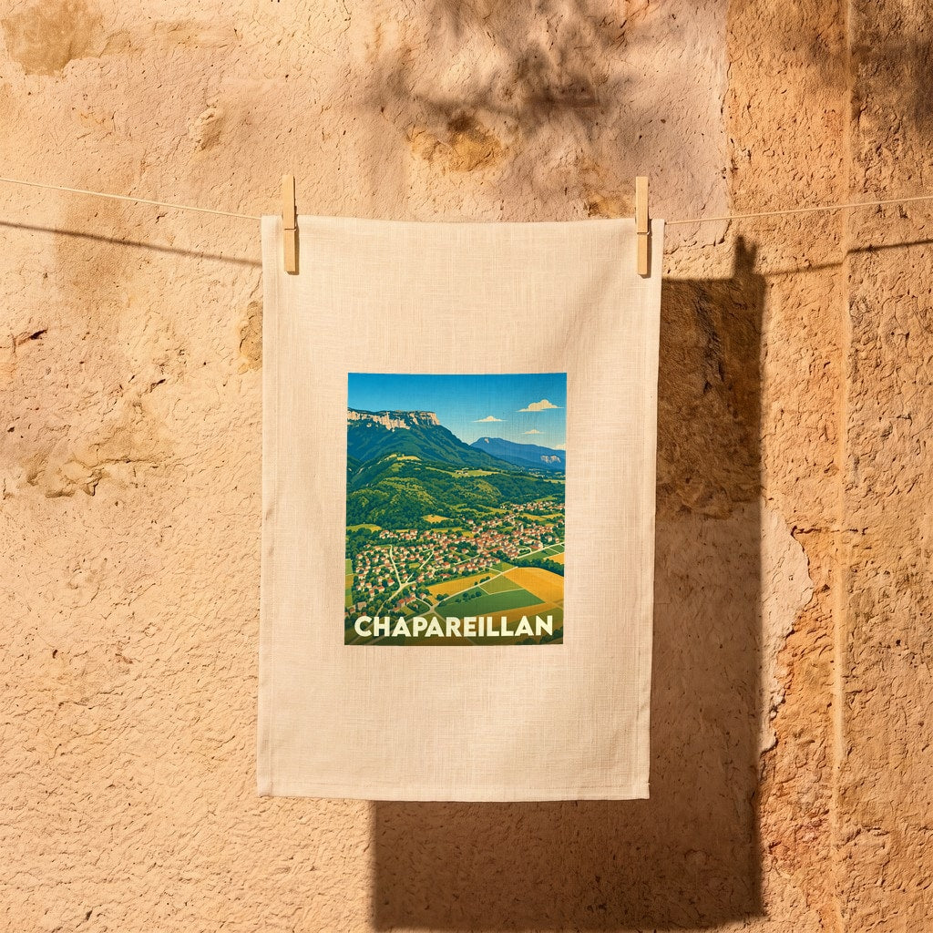 Torchon souvenir de la ville de Chapareillan illustré d'un paysage de montagne stylisé.