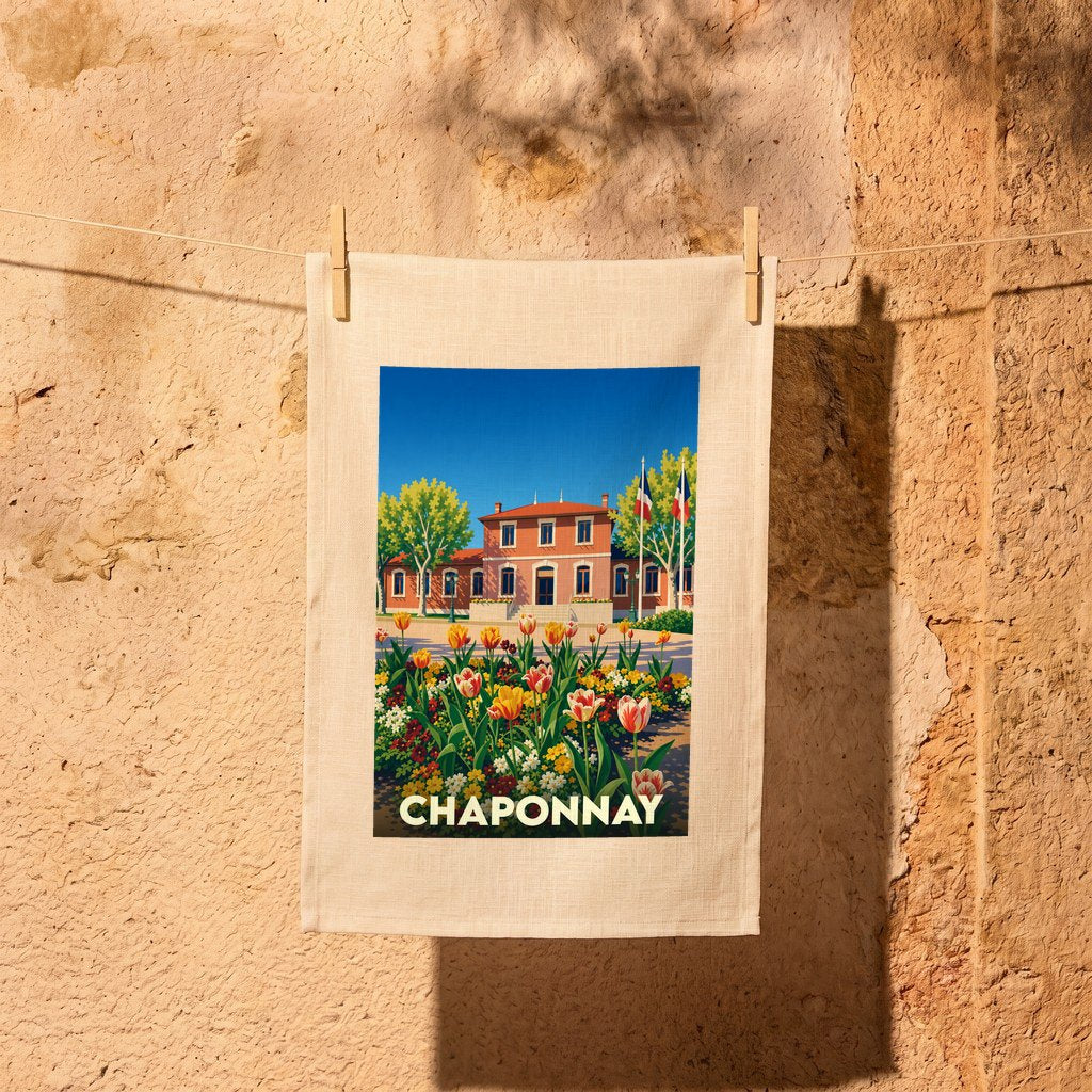 Torchon souvenir de la ville de Chaponnay illustré d'un paysage coloré et fleuri.
