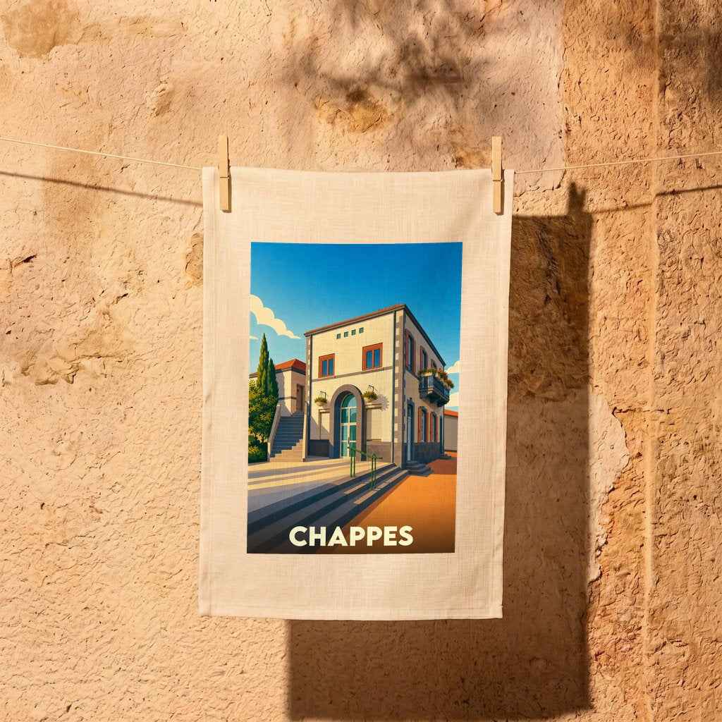 Torchon souvenir de la ville de Chappes avec une illustration stylisée d'une bâtisse ensoleillée.