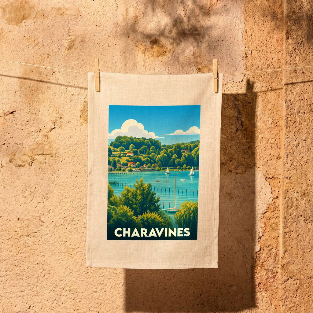 Torchon souvenir de la ville de Charavines illustré d'un paysage lacustre stylisé.