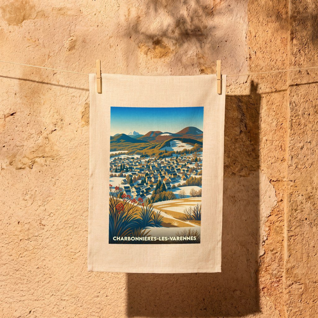 Torchon souvenir de la ville de Charbonnières-les-Varennes avec une illustration stylisée d'un paysage montagneux enneigé.