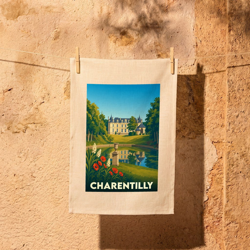 Torchon souvenir de la ville de Charentilly avec une illustration stylisée d'un château et de son parc.