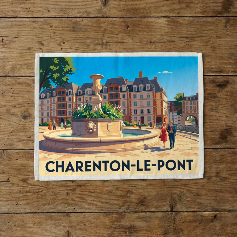 Torchon souvenir de la ville de Charenton-le-Pont avec une illustration stylisée d'une fontaine et de bâtiments.