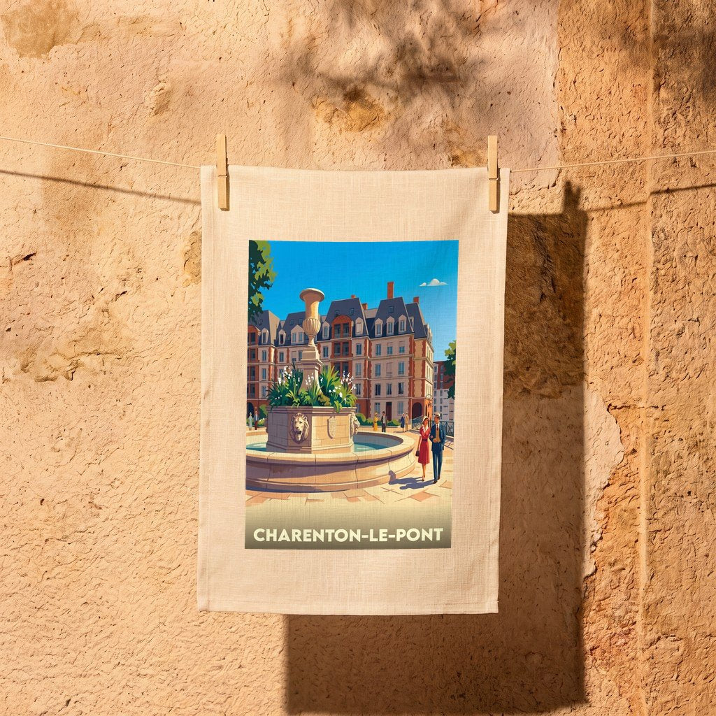 Torchon souvenir de la ville de Charenton-le-Pont avec une illustration stylisée d'une fontaine et de bâtiments.