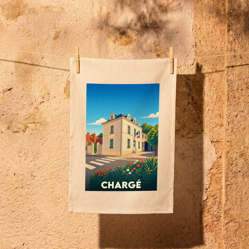 Torchon souvenir de la ville de Chargé avec une illustration stylisée de sa mairie.