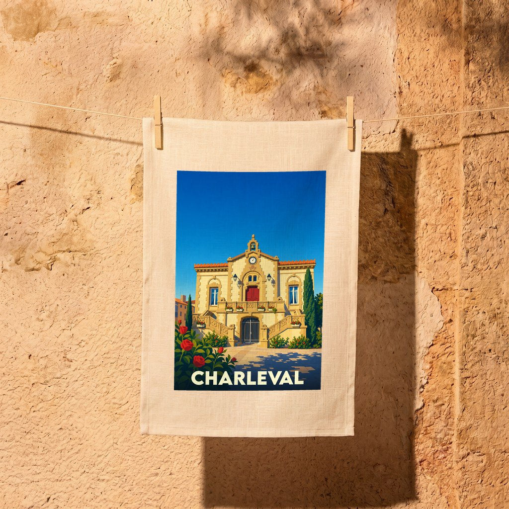 Torchon souvenir de la ville de Charleval orné d'une illustration stylisée du bâtiment de la mairie.