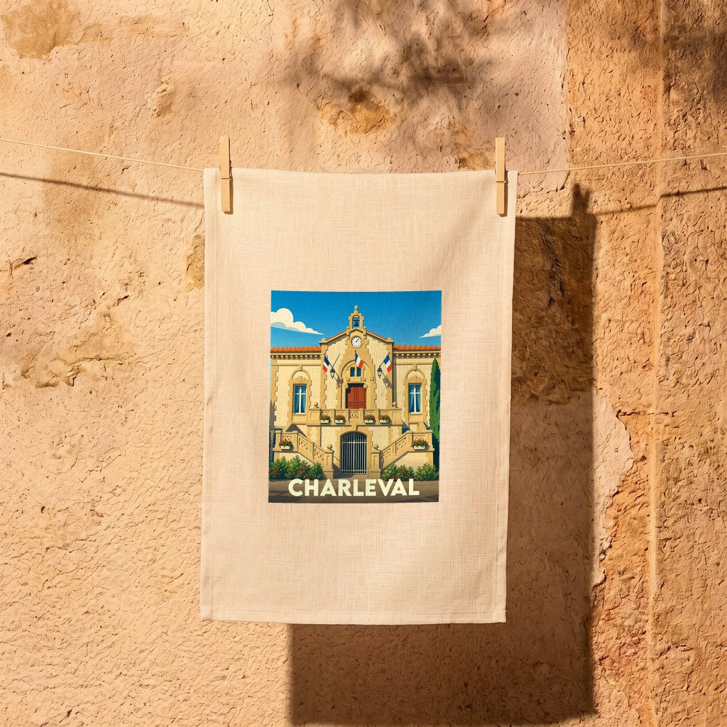 Torchon souvenir de la ville de Charleval orné d'une illustration stylisée du bâtiment de la mairie.