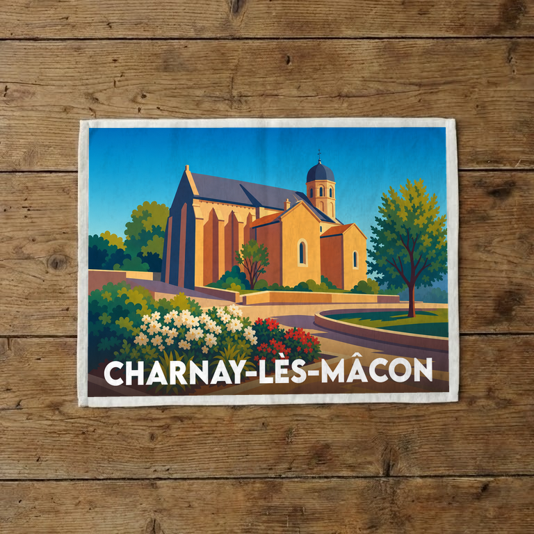Torchon souvenir de la ville de Charnay-lès-Mâcon illustré d'une église de style vintage.