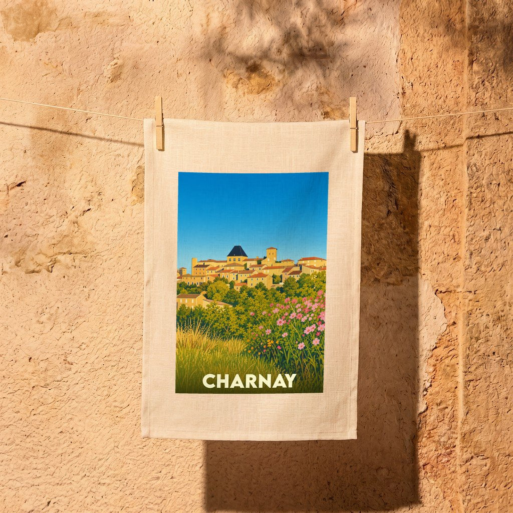 Torchon souvenir de la ville de Charnay avec une illustration paysagère stylisée.