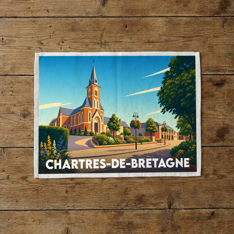 Torchon souvenir de la ville de Chartres-de-Bretagne avec une illustration stylisée de son église et de son paysage urbain.