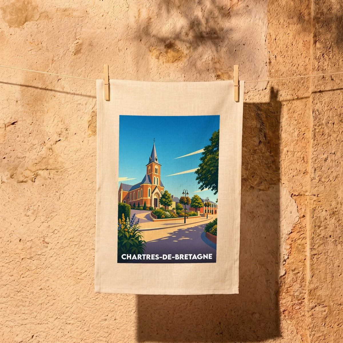 Torchon souvenir de la ville de Chartres-de-Bretagne avec une illustration stylisée de son église et de son paysage urbain.