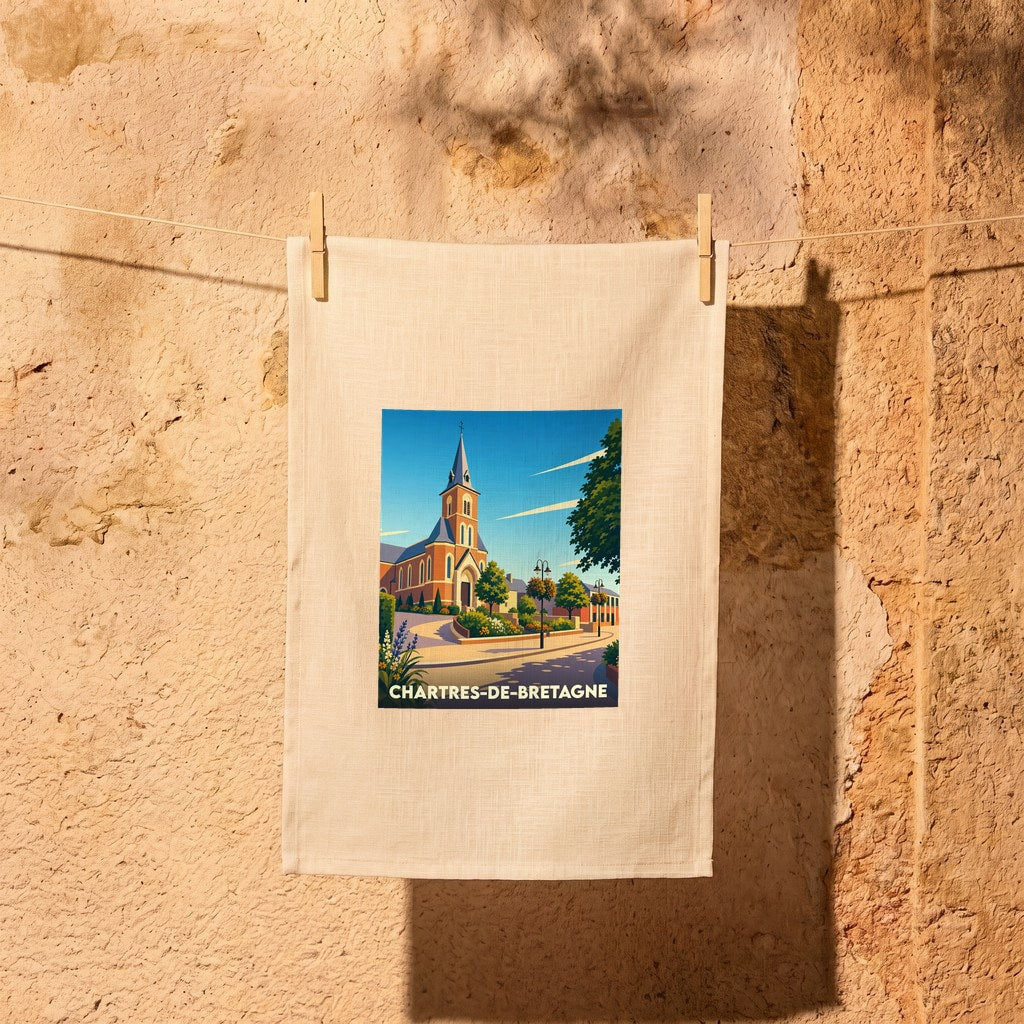Torchon souvenir de la ville de Chartres-de-Bretagne avec une illustration stylisée de son église et de son paysage urbain.