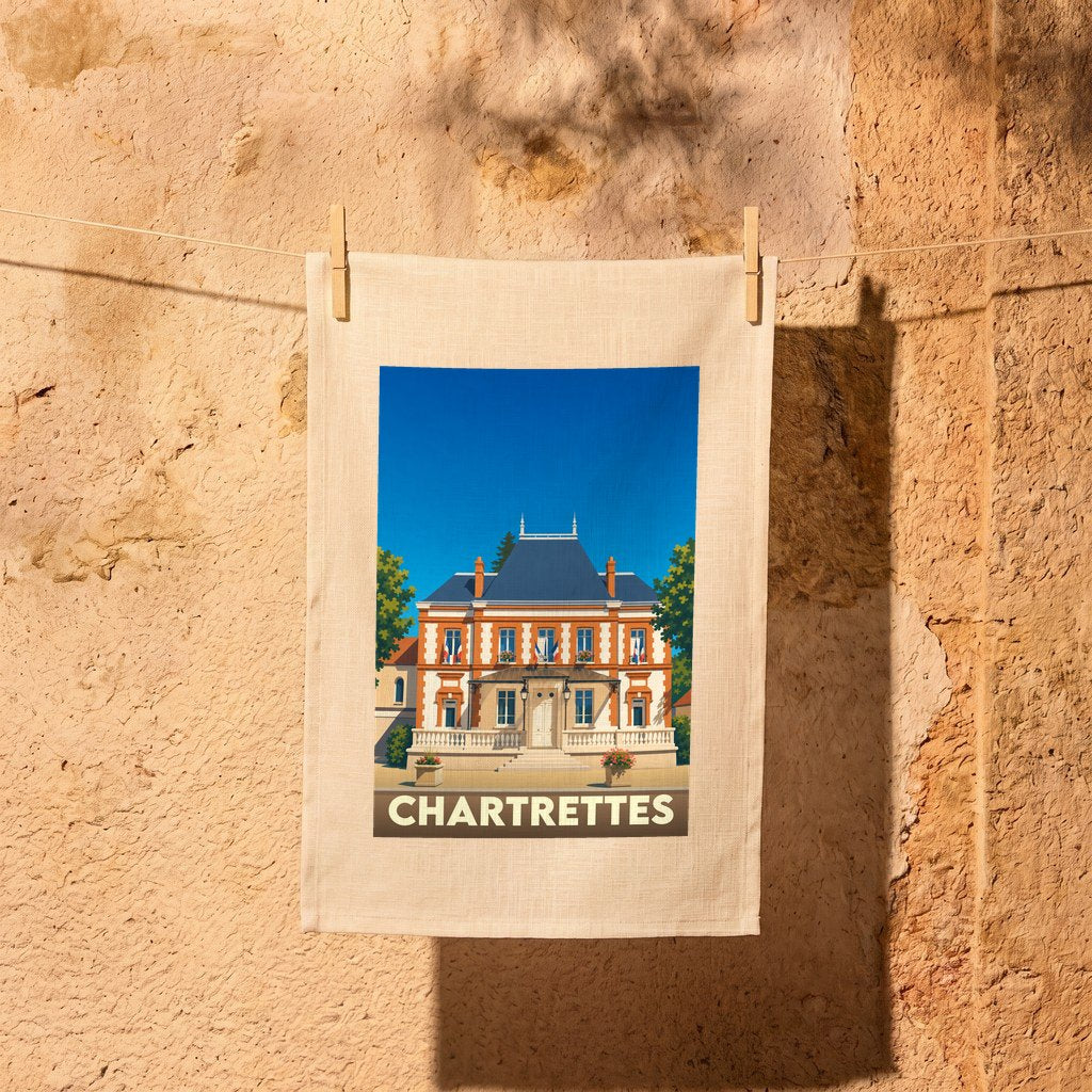 Torchon souvenir de la ville de Chartrettes orné d'une illustration stylisée de sa mairie.
