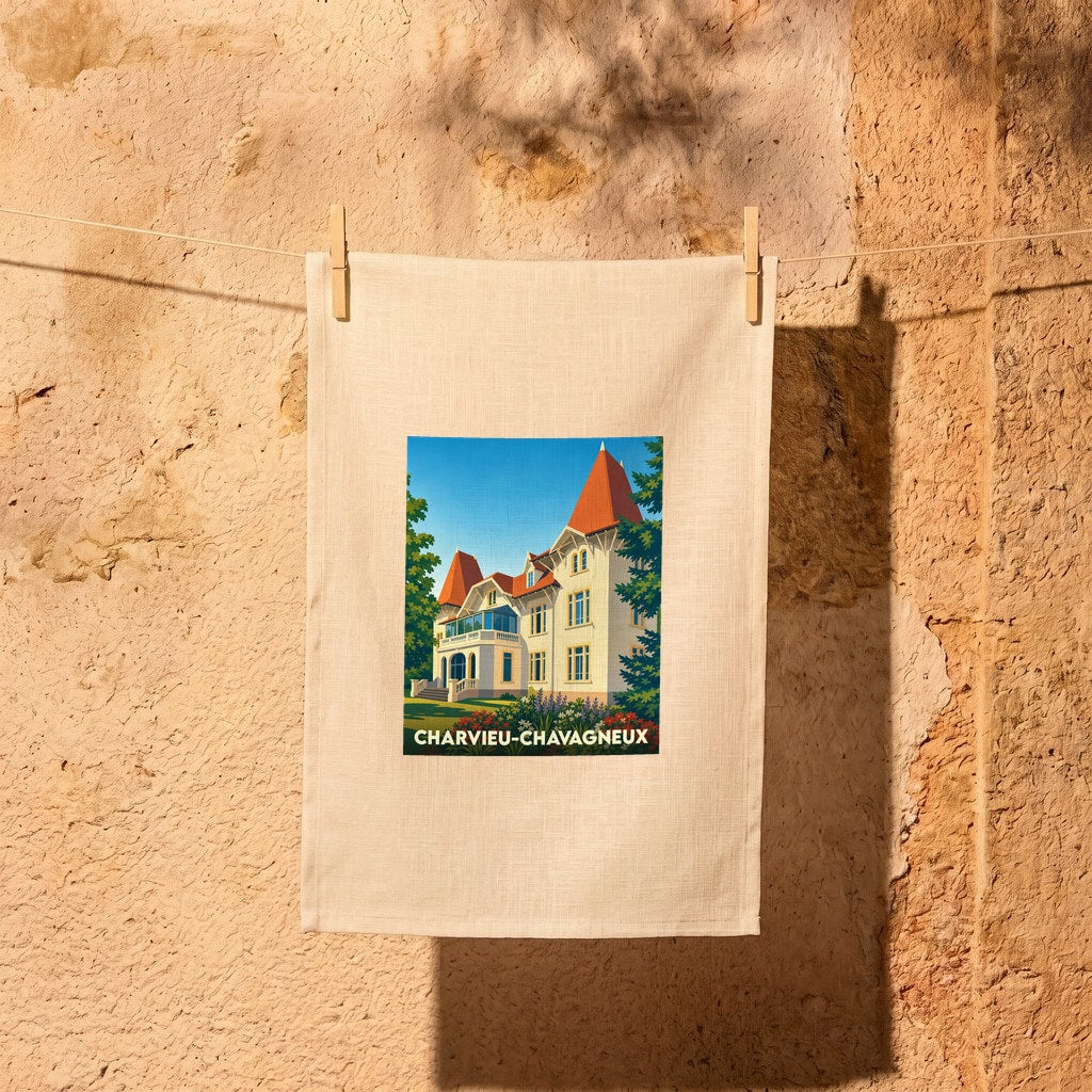 Torchon souvenir de la ville de Charvieu-Chavagneux illustrant une élégante bâtisse au toit rouge entourée de verdure.