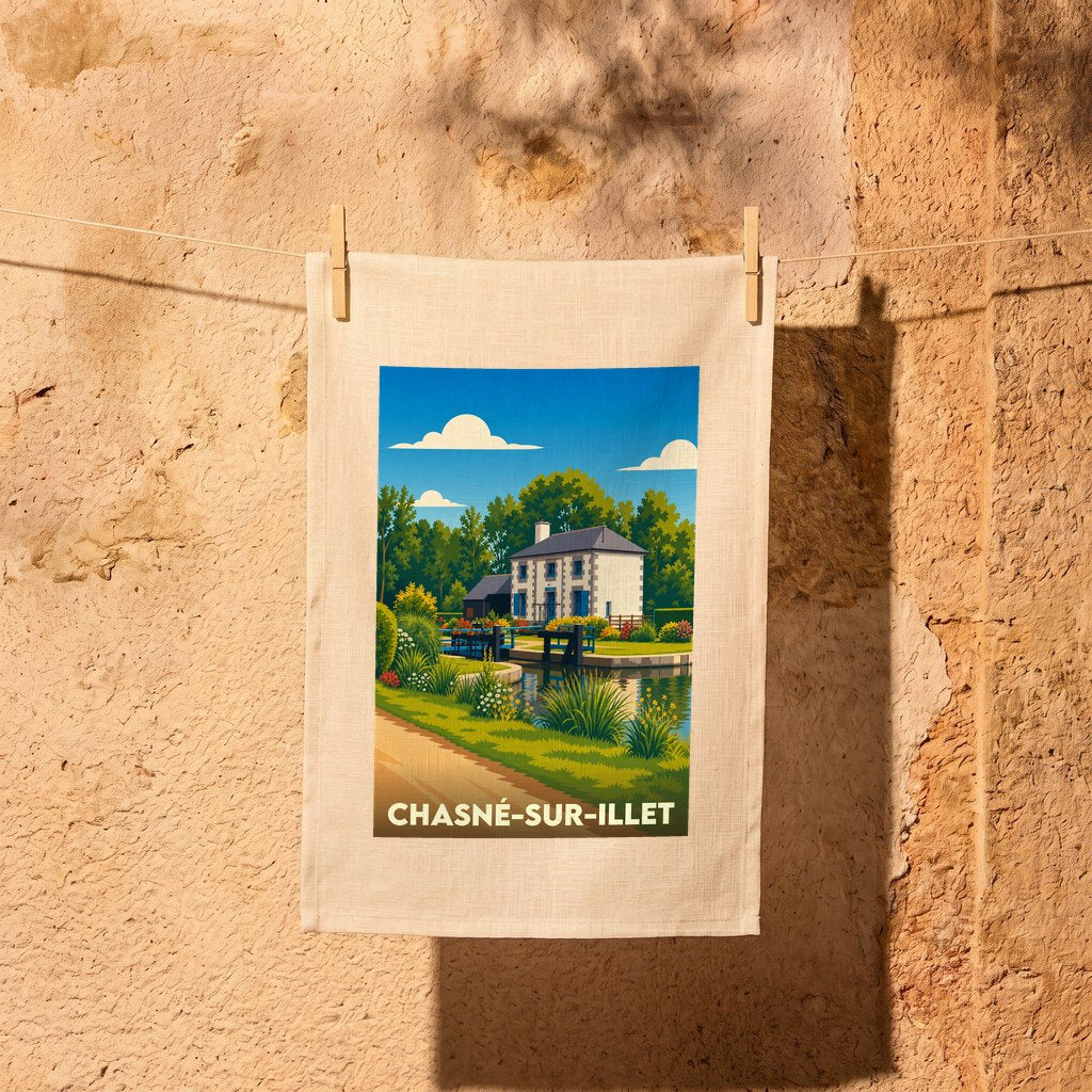 Torchon souvenir de la ville de Chasné-sur-Illet avec une illustration stylisée.