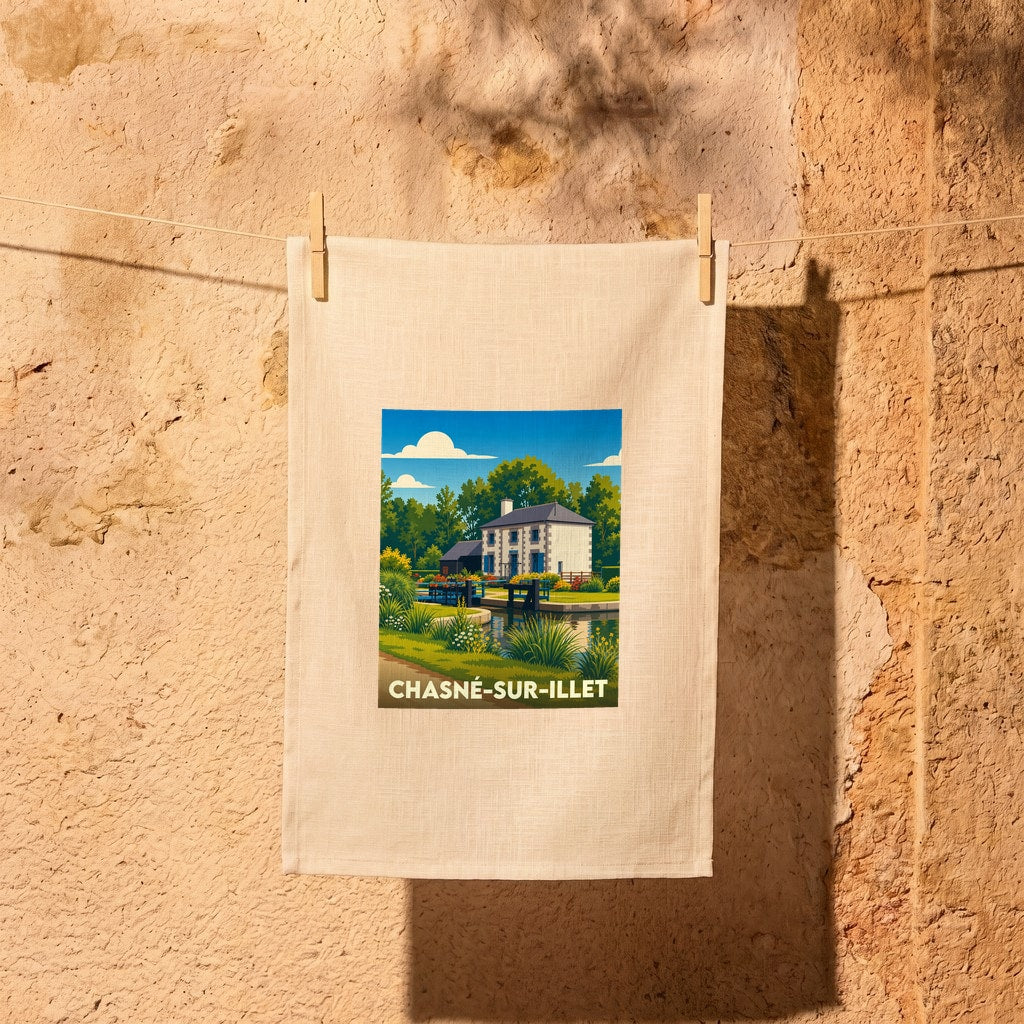 Torchon souvenir de la ville de Chasné-sur-Illet avec une illustration stylisée.