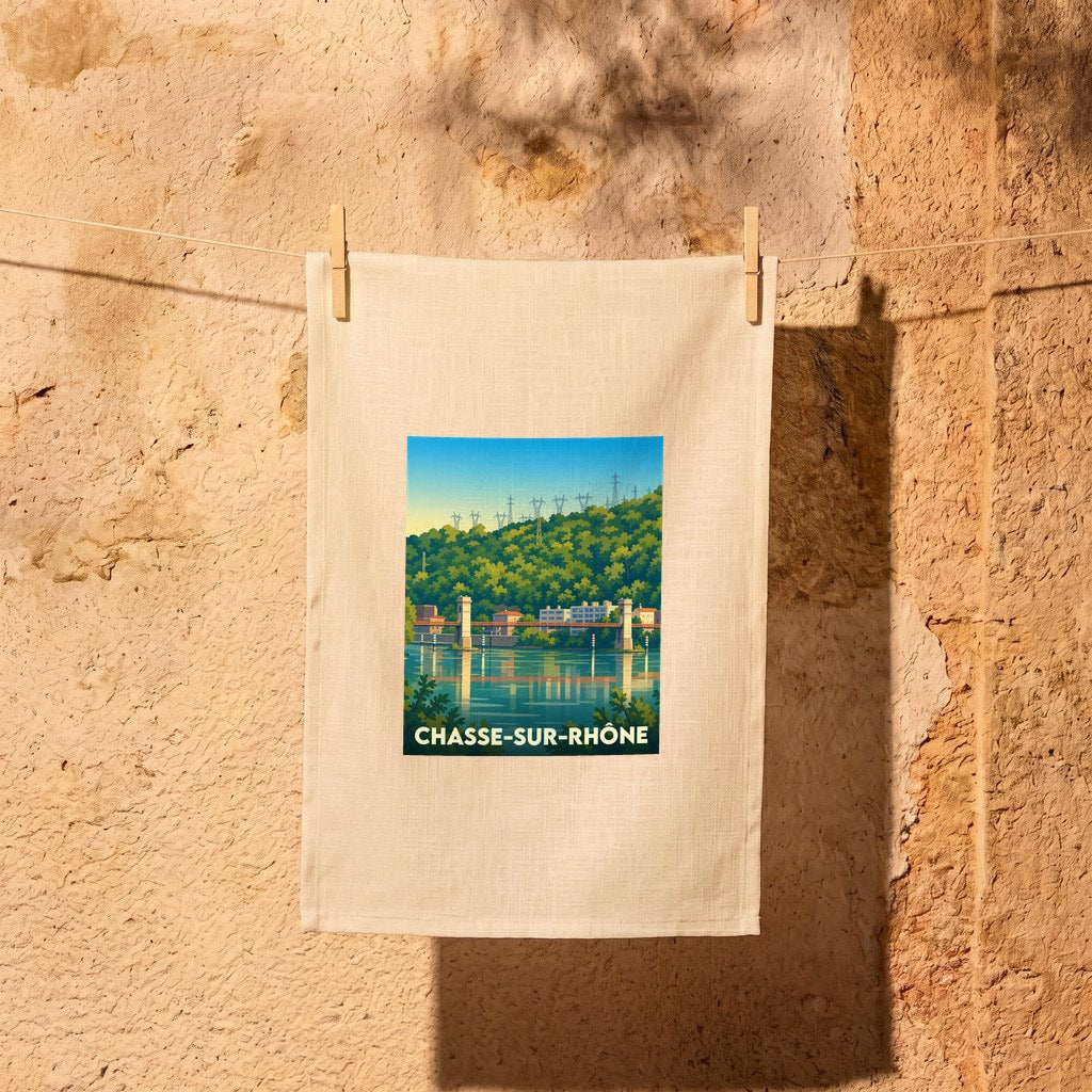 Torchon souvenir de la ville de Chasse-sur-Rhône avec une illustration stylisée des bords du Rhône.