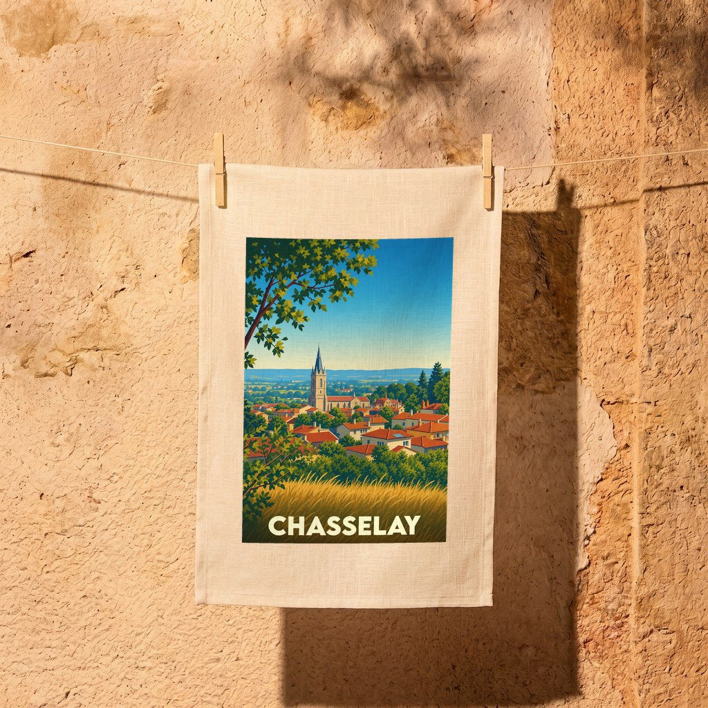 Torchon souvenir de la ville de Chasselay orné d'une illustration stylisée de son paysage urbain.
