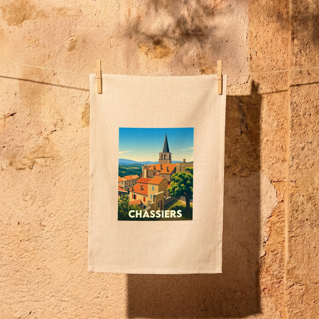 Torchon souvenir de la ville de Chassiers avec une illustration stylisée.