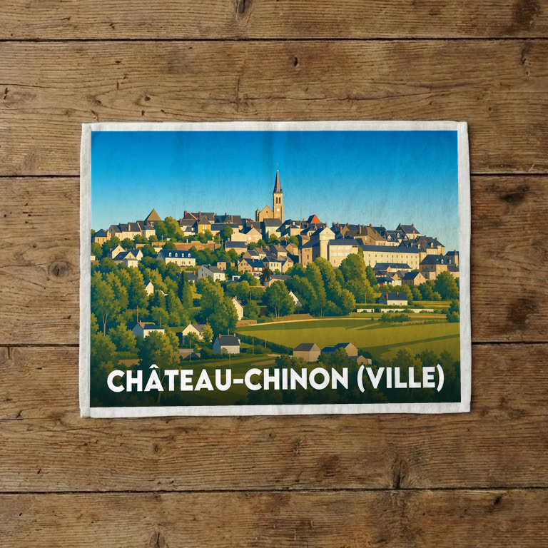 Torchon souvenir de la ville de Château-Chinon (Ville) avec une illustration stylisée.